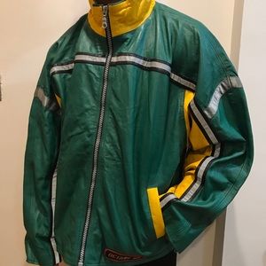 A green and yellow vintage (leather) racer jacket